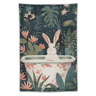 Imagem de Tapeçaria de parede de coelho branco em banheira floral decoração de planta selva caprichosa arte animal fofa para banheiro quarto aconchegante boho pendurado acento encantador natureza cena 101 x 152