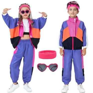 Imagem de Coseaon Roupa infantil dos anos 80, agasalho retrô dos anos 90 para meninos e meninas, hip hop, dança, unissex, patchwork, calça esportiva (EUA, alfa, PP, roxo)