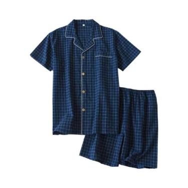 Imagem de Conjunto De Pijama Masculino Durável De Algodão Xadrez Com Cardigan, S