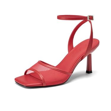 Imagem de Athlefit Sandálias femininas de salto alto com bico aberto de malha de 7,6 cm, salto agulha com tira no tornozelo, para festa de casamento, Vermelho, 35