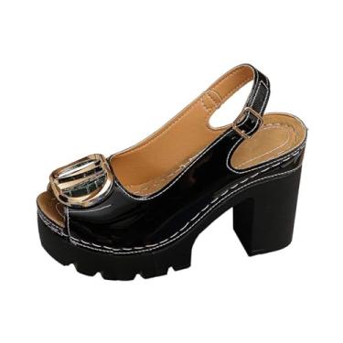 Imagem de Sandálias femininas de verão sólidas com boca de peixe salto alto PU plataforma casual confortável, Preto, 35