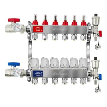 Imagem de WiseWater Coletor de 6 voltas Pex/radiante com atuador térmico elétrico de 2 fios de 24 V, saídas compatíveis de 1,4 polegadas, coletor de água de até 1,4 GPM para radiante hidrônico (conectores de 1