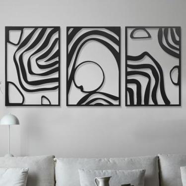 Imagem de AMAATE Conjunto de arte de parede abstrata moderna, impressões em tela preto e branco, design geométrico de 4 painéis para decoração de sala de estar (Art Deco, conjunto de 3 peças - listras