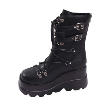 Imagem de Bota feminina com fivela de metal, salto grosso, plataforma no tornozelo para outono e inverno, sola grossa, cano médio, Preto, 39