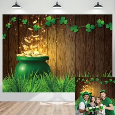 Imagem de 2,4 x 1,8 m Pano de fundo do Dia de São Patrício com Moedas de Ouro Fundo Fotográfico Parede de Madeira Faixa de Trevo Irlandês da Sorte Bandeira Tema Dia de São Patrício Decorações de Festa
