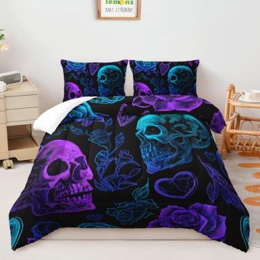 Imagem de AILONEN Conjunto de edredom de caveira gótica, 3 peças, para homens, mulheres, esqueleto, azul e roxo, tamanho Queen, colcha floral rosa com 2 fronhas para decoração de casa