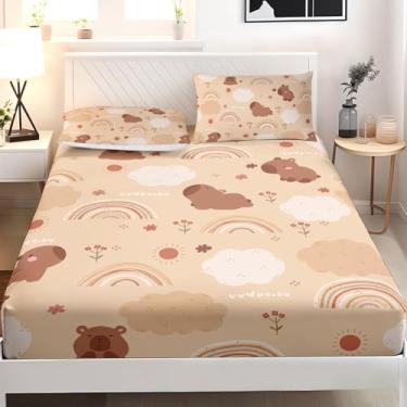 Imagem de AILONEN Jogo de lençol solteiro fofo de capivara para decoração de quarto de meninas e meninos, tamanho GG, temática de animais kawaii, para todas as estações, lençol com elástico com nuvem cáqui e