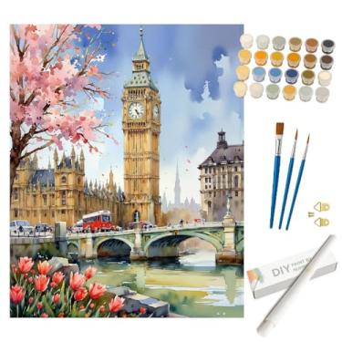 Imagem de Kit de pintura por números London Scene para adultos – DIY Big Ben e flores de cerejeira com pintura de ônibus vermelha enrolada em tela 40,6 x 50,8 cm, conjunto de tinta acrílica para iniciantes