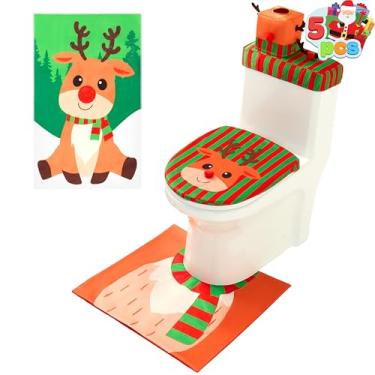 Imagem de JOYIN Conjunto de 5 peças de decoração de banheiro de rena de Natal com capa de assento de vaso sanitário, capa de depósito, capa de papel higiênico, decoração interna de banheiro de Natal para