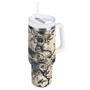 Imagem de SEHANY Copo Skull Gothic de 1,134 g com alça, copo isolado de aço inoxidável de parede dupla, à prova de vazamento, caneca de café isolada para viagem, cabe no suporte de copo de carro