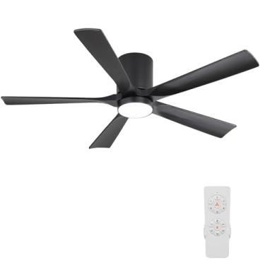 Imagem de ELEHINSER Ventilador De Teto Perfil Baixo 52" Com Luz, 5 Pás Madeira Maciça, 6 Velocidades, Motor Cc Silencioso, Temporizador, Controle Remoto Moderno Embutido Para Sala Estar E Quarto, Preto