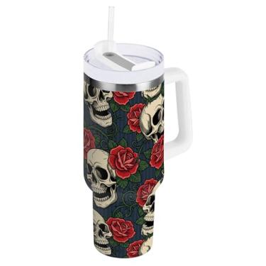 Imagem de SEHANY Copo de caveira e rosas de 850 g com alça, copo isolado de aço inoxidável a vácuo de parede dupla, caneca de café à prova de vazamento, copo isolado para viagem, cabe no suporte de copo de