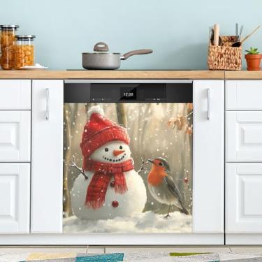 Imagem de xigua Linda capa magnética de boneco de neve de Natal, adesivos magnéticos decorativos antiarranhões para painel de geladeira e lava-louças, decoração personalizada de cozinha doméstica 58 x 66 cm