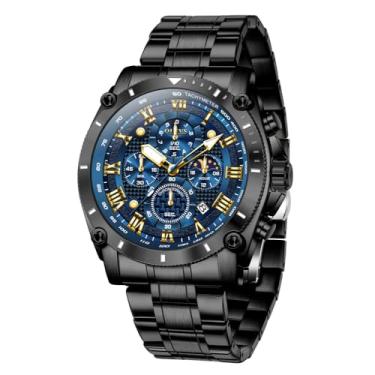 Imagem de OLEVS Relógio de pulso masculino elegante com mostrador grande, luxuoso, lua fase, dois tons, aço inoxidável, impermeável, original, calendário de negócios, G3689: pulseira preta e mostrador azul