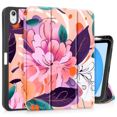 Imagem de May Chen Capa para iPad 10ª geração 10,9 polegadas 2022, suporte de três dobras + porta-lápis + despertar/hibernar automático + capa traseira com suporte protetor de TPU macio, flor moderna