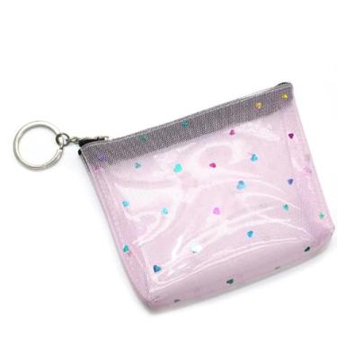Imagem de Bolsa de moedas transparente de coração feminina de malha com zíper pequena bolsa de moedas portátil mini bolsa de dinheiro, rosa