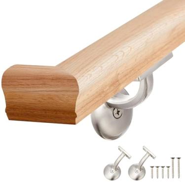 Imagem de Maasechs Kit de corrimão de carvalho vermelho 6010 de 0,9 m com retornos de parede e suportes de montagem na parede, corrimãos de madeira para ambientes internos, corrimãos incluídos, parafusos para