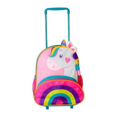 Imagem de Mochila de Rodinhas Infantil para Criança Unicórnio Estampa Divertida, Bolso Frontal, Bolsos Laterais, Alças e Costas Acolchoadas Clio Pets Mochila Infantil Cores Vivas