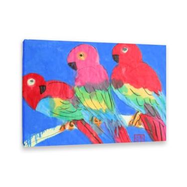 Imagem de Walasse Ting Impressão artística em tela três papagaios galo famosa reprodução de pintura feminina floral colorida grande decoração de parede para quarto moldura de 85 x 60 cm (83.8x61.0 cm)