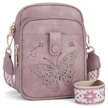 Imagem de Bolsa transversal feminina de couro, bolsa tiracolo pequena, carteira para celular com alça ajustável e compartimentos para cartão, 01 - roxo, 5" x 1.2" x 7.8", Borboleta