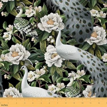 Imagem de Tecido pavão branco da The Yard aquarela flores ao ar livre tecido folhas verdes para amantes de costura animais selvagens adoráveis tecido estilo rústico para decoração de quarto e estofamento DIY 1