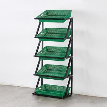 Imagem de Prateleira de lanche de supermercado de 4 a 5 camadas, organizador comercial de frutas e vegetais, suporte de batatas fritas e bebidas com cestas de grande capacidade, design de fileira única (cor