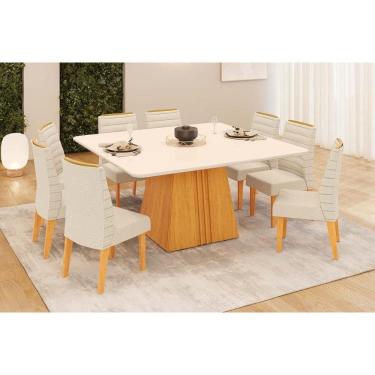 Imagem de Conjunto: Mesa Sala Jantar Itália c/ Tampo Madeirado c/ Vidro Curvo 136x136cm e 8 Cadeiras Ondina Cedro/Off White - Linho Neve - DJ Móveis