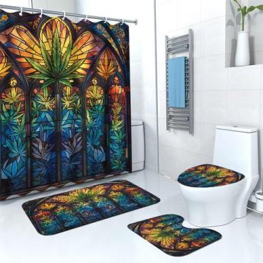 Imagem de Conjunto de cortinas de chuveiro em folha de vitral com tapete de banh