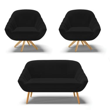 Imagem de Kit 01 Namoradeira 02 Lugares e 02 Poltronas Giratória Giovana Linho Preto A79 Base de Madeira MA30 - D'Rossi