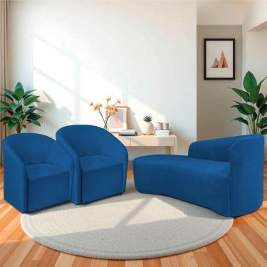 Imagem de Kit Sofá Curvo França 160cm L.e E 2 Poltronas Luiza Max Conforto, Elegância E Design Moderno Linho Azul Royal