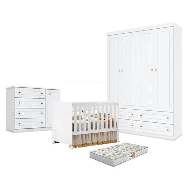 Imagem de Quarto De Bebê Americano 4 Portas Com Berço Americano Katatau Branco Acetinado - Reller - Henn E Colchão Gazin