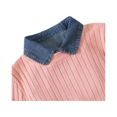 Imagem de Camisa Feminina Azul Jeans Lavado Com Gola Pontiaguda Casual Versátil 