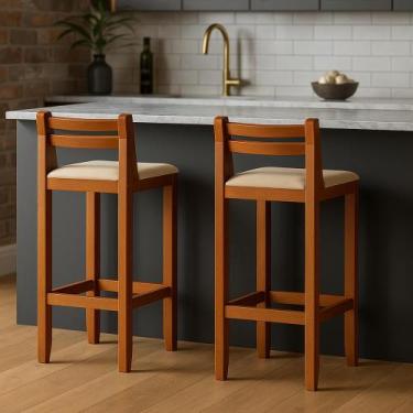 Imagem de Kit 2 Banquetas para Balcao de Cozinha Alta Pés Madeira Maciça - Molar