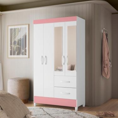 Imagem de Guarda Roupa Infantil 4 Portas Branco Rosa 2 Gavetas Roma MDP com Espelho Mais de Casa
