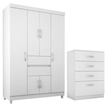 Imagem de Kit Guarda Roupa Solteiro Ecom II 6 Portas de Giro 2 Gavetas MDP Branco com Cômoda Astral Demóbile