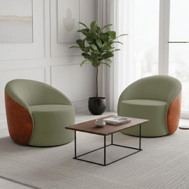 Imagem de Poltrona Sala Orgânica Kit 2 Lua Sintético Pu Bouclê Marrom Verde D'Rossi