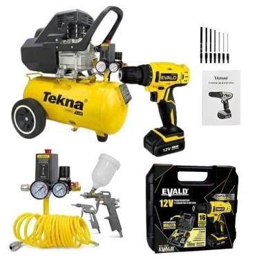 Imagem de Compressor De Ar Com Kit 2,5hp 43l 127v E Parafusadeira 12v Bivolt Com Kit 13 Peças Tekna Evald