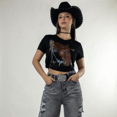Imagem de Blusa Suede Feminina Preta Estampada Love Horse Moda Country Baby Look