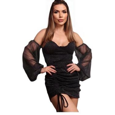 Imagem de Vestido Curto Festa Manga Longa Lurex Amarração Feminino - Look Dreams