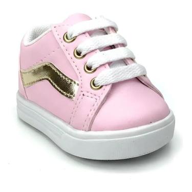 Imagem de Sapatinho de Bebê Tenis de Bebe Rosa Com Listra Dourada Sapato Calçado