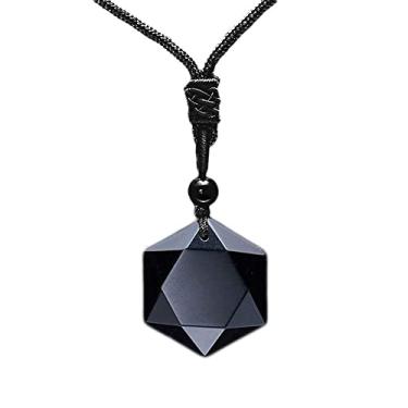 Imagem de N|C Colar unissex de pedra de cristal de cura hexagrama obsidiana preta, corda ajustável, joia de pedra de reiki espiritual para homens e mulheres, X-L, Gema