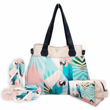 Imagem de Kit Tropical Feminino Araras Azuis com Bolsa, Necessaire e Chinelo, Magicc