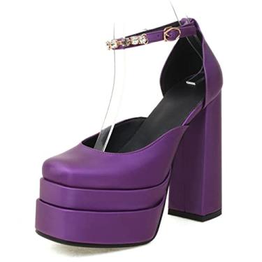 Imagem de Sapatos femininos salto alto salto alto Mary Jane sapatos sociais sapatos sociais fivela no tornozelo e sapatos quadrados de bico fino 34-43,Purple,6 UK/39 EU