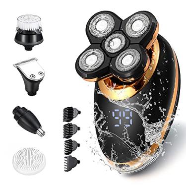 Imagem de Barbeador de cabeça elétrico masculino 5 em 1 para homens carecas - Barbeador de cabeça para homens - Anti-beliscar - Design ergonômico - Sem fio e recarregável. (ouro)