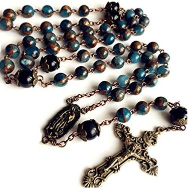 Imagem de Colar de pedras de futebol americano elegante, obsidiana preta, Nossa Senhora de Guadalupe, Medalha Rosário Jesus Cristo Cruz de Cricifixo católico
