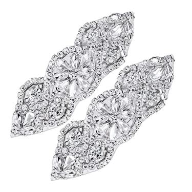 Imagem de Oagsln 2 apliques de strass, pacote com 2 apliques de strass, aplique de strass, aplique de ferro no remendo para decoração de vestidos de noiva ou acessórios de cabeça ligas (prata)