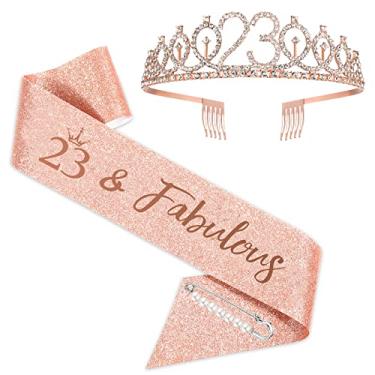 Imagem de Faixa e tiara de aniversário de 23 anos para meninas, coroa de faixa de aniversário de ouro rosa 23 e faixa fabulosa para meninas, de 23 anos para lembrancinhas de festa de aniversário de 23 anos