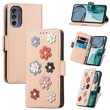 Imagem de Capas de telefone de flores tridimensionais compatíveis com Motorola Moto G62 G 62 5G capa de couro moda slots para cartão à prova de choque clipe de carteira capa de telefone (cáqui, Moto G62 5G)