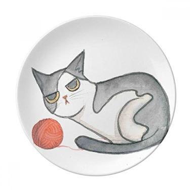 Imagem de Miaoji Pintura Aquarela Fantoche Gato Prato Decorativo Porcelana Salver Prato de Jantar