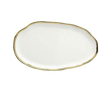 Imagem de JLXZHOME Prato de jantar de cerâmica com aro de ouro preto branco pratos de porcelana bandeja de sobremesa de arroz tigela de sopa colher de mesa, prato branco de 30,5 cm